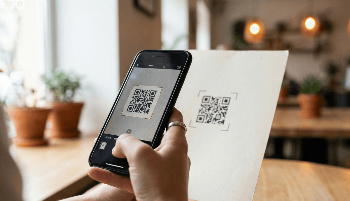 Customer testing a printed QR code with a smartphone
