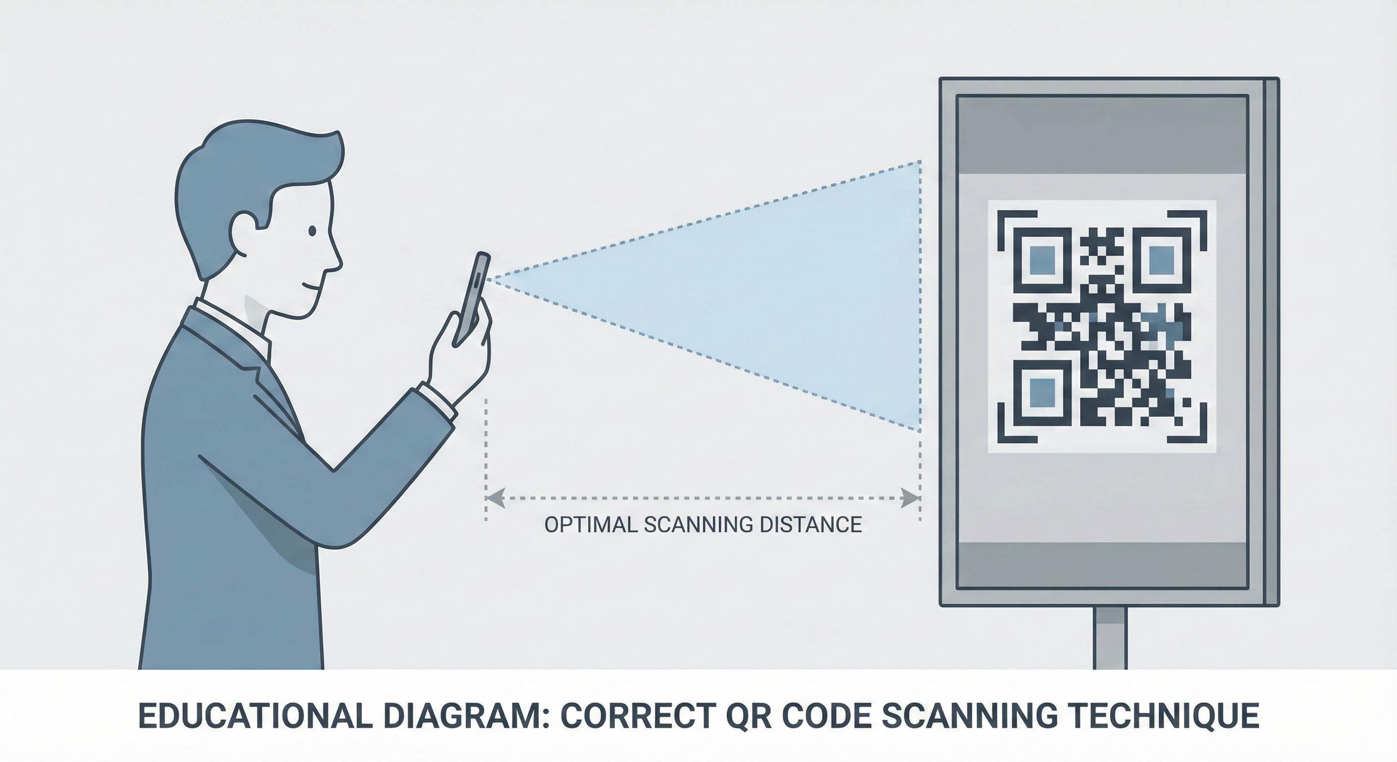 QR code scanning distance diagram showing optimal range for different print sizes