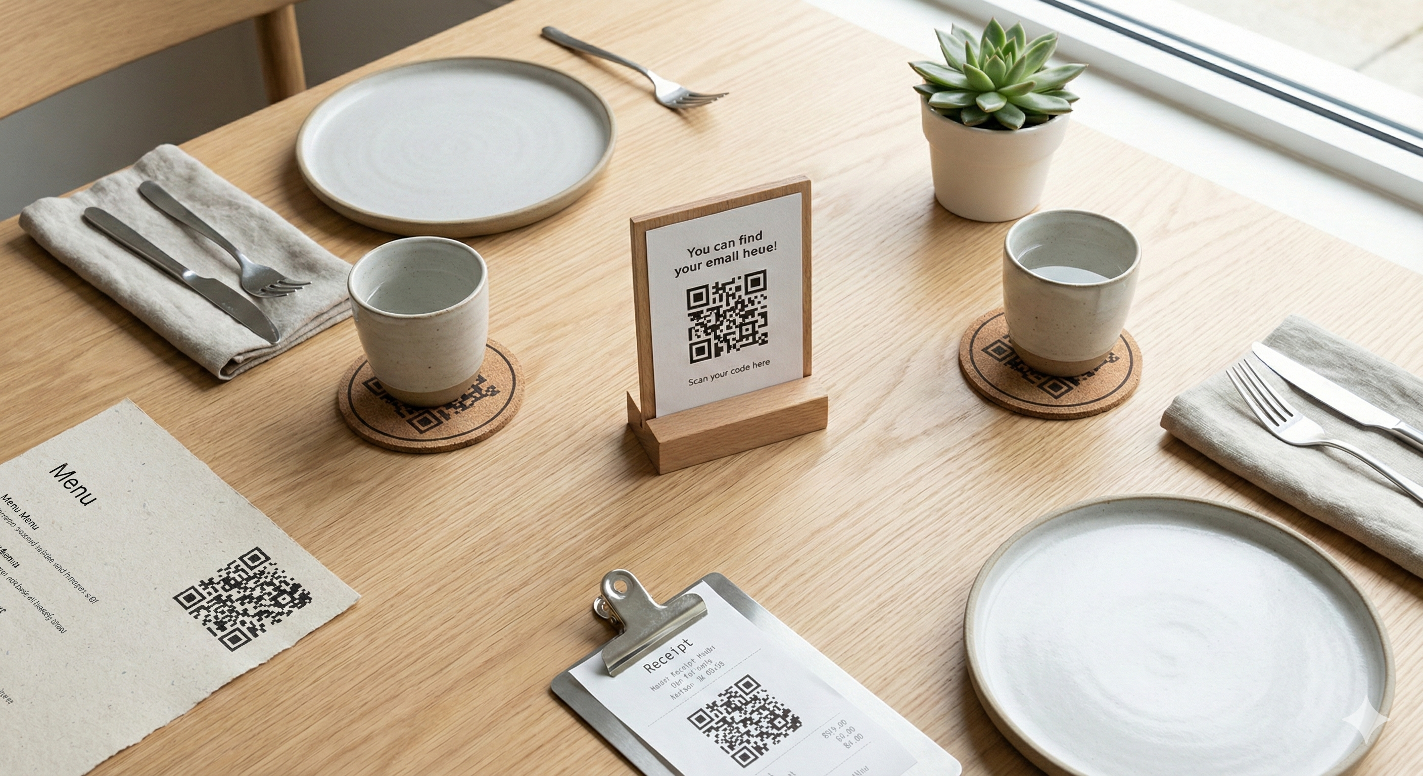 QR code placement examples on restaurant tables, menus, and table tents