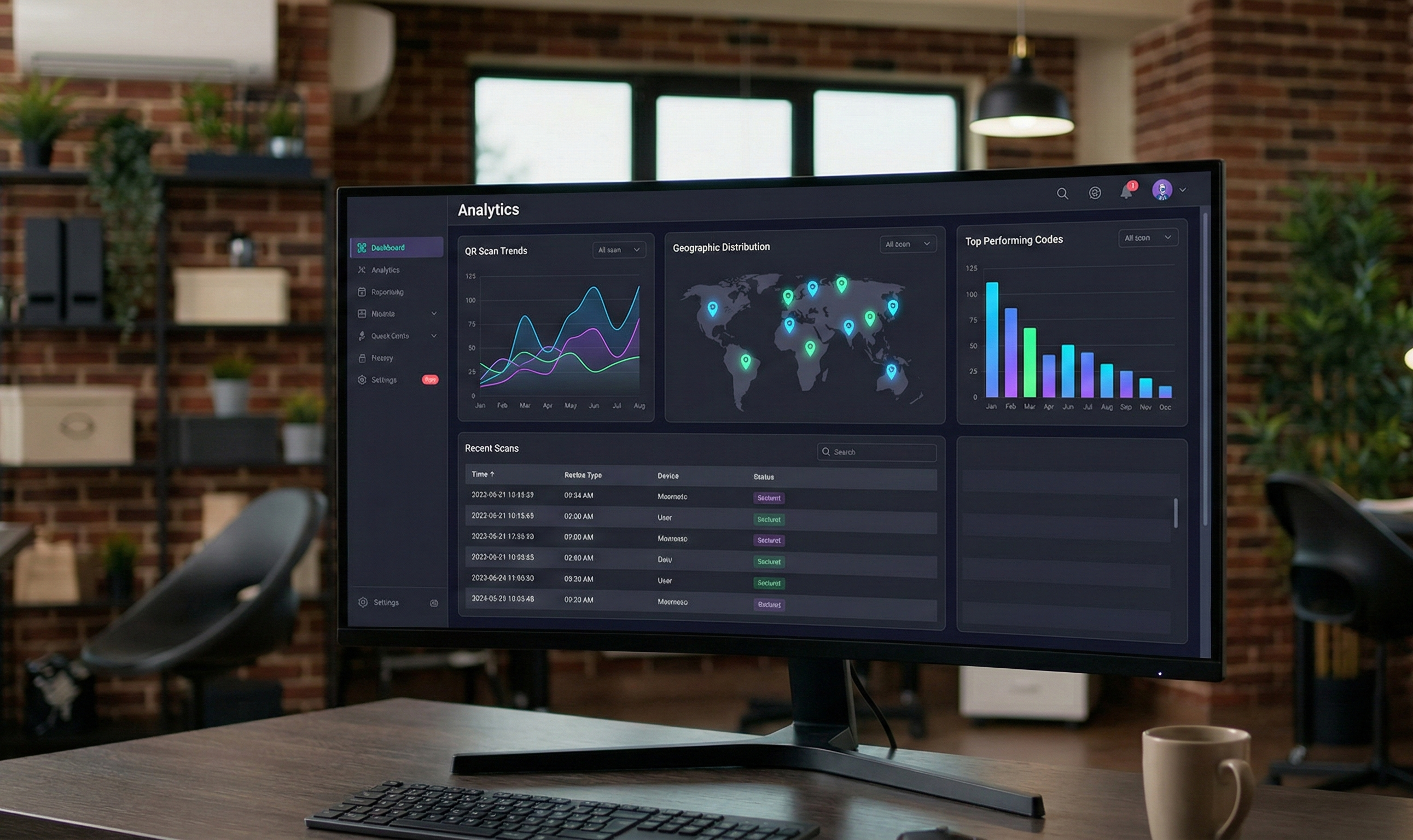 QR code analytics dashboard showing scan tracking data and geographic insights