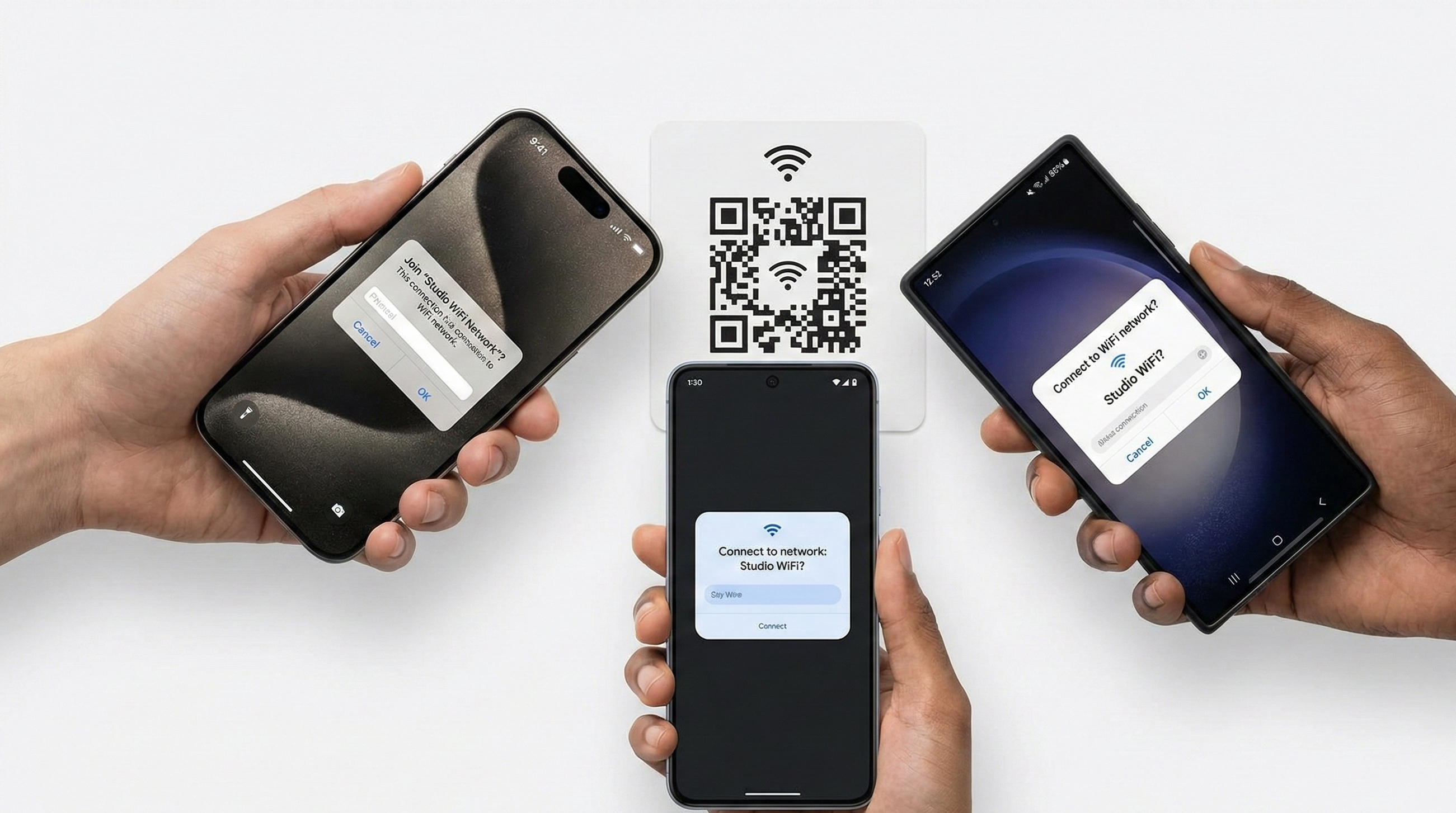 iPhone and Android smartphones scanning WiFi QR code showing compatibility