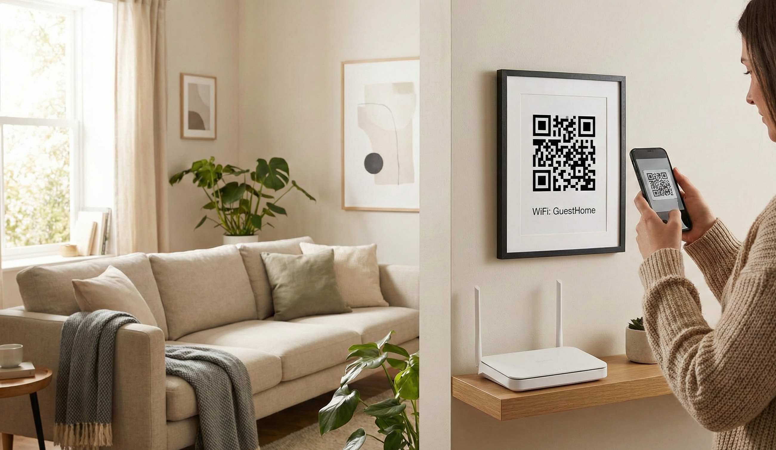 WiFi QR code allowing instant network connection without typing passwords
