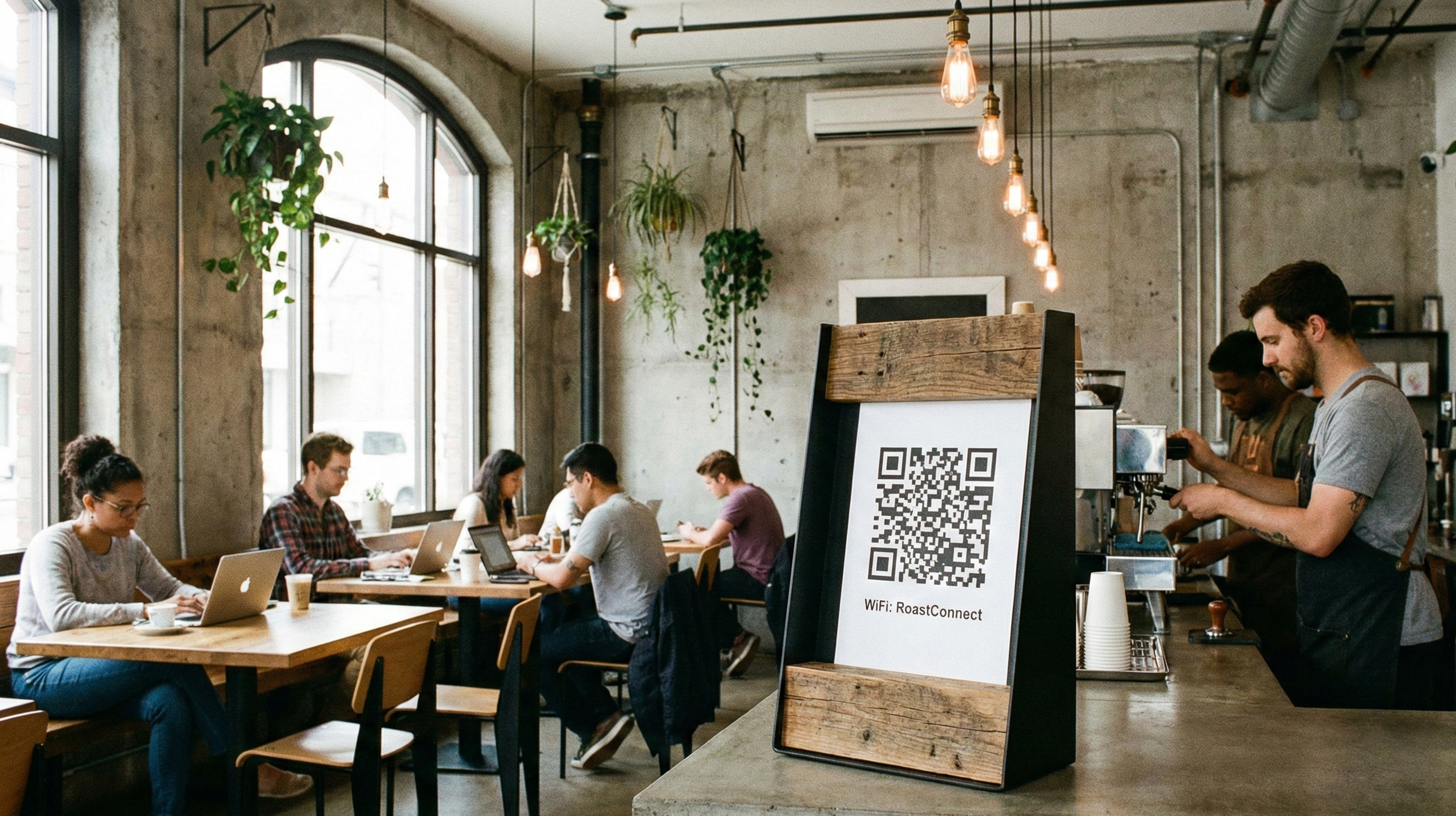 WiFi QR code displayed in modern office or cafe setting for guest network access